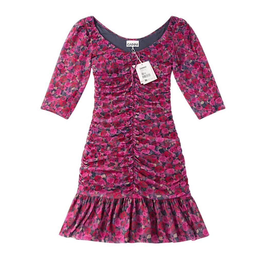 Ganni Floral Mesh Ruched Mini Dress Fiji Flower Pink Red Size EU 42 / M NWT - Picture 2 of 8